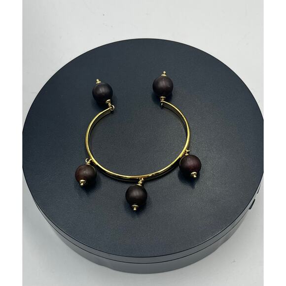 Kate Spade New York Second Nature Cuff Party Wood Brown Bead Gold Plat Bracelet - Picture 2 of 7